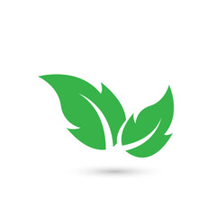 Two green leaves in icon design, nature leaf logo, geometrical abstract leaves logo, icon, symbol, object. and Bio eco template style of modern leaf vector, illustration