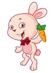 The hungry rabbit is holding the fresh carrot