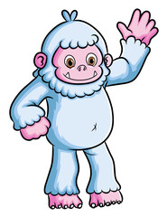 The cute yeti is raising the hand and waving