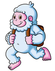 The happy yeti is bringing the bag and ready to school