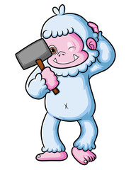 The silly yeti is holding the big stone hammer