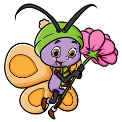 The cute beautiful butterfly is holding a big flower