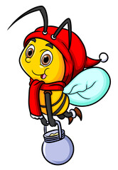 The cute bee is holding a pail of honey