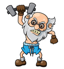 The old crazy man is doing the sport and lifting the weight