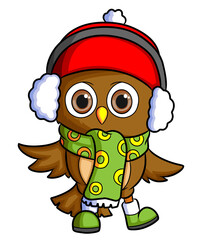 The happy owl is wearing the scarf and the ear puff