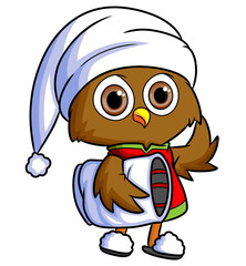 The cute owl is ready for sleep and holding the pillow