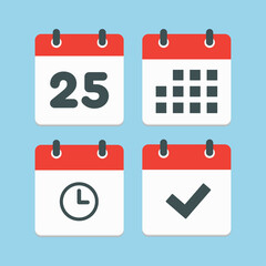 Icons calendar number 25, agenda app, timer, done