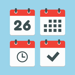Icons calendar number 26, agenda app, timer, done