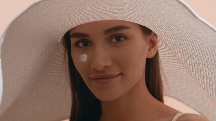 Young gorgeous dark-haired European woman in a big white hat with a smear of sunscreen on her cheek...