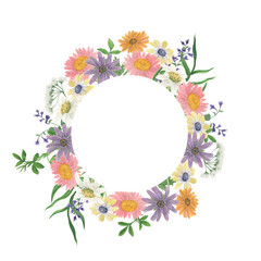 Watercolor floral round. Hand drawn summer composition with meadow flowers. Botanical illustration with spase for text