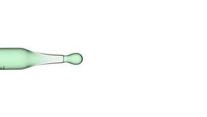Close up macro shot of lab dropper with green liquid on white background | Abstract body care serum...