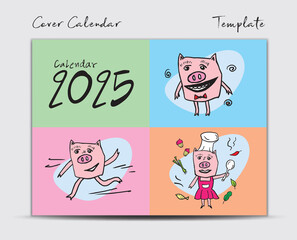 Cover Calendar 2025 design template with Cute Pig vector, minimal Desk calendar 2025 year, Lettering, Brochure cover template, dirary, postcard, gift card, pig cartoon character, holiday event