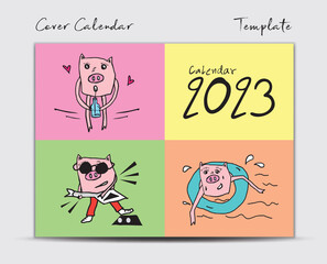 Cover Calendar 2023 design template with Cute Pig vector, minimal Desk calendar 2023 year, Lettering, Brochure cover template, dirary, postcard, gift card, pig cartoon character, holiday event