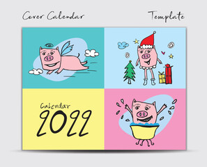 Cover Calendar 2022 design template with Cute Pig vector, minimal Desk calendar 2022 year, Lettering, Brochure cover template, dirary, postcard, gift card, pig cartoon character, holiday event