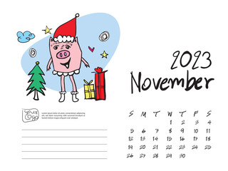 Calendar 2023 design template with Cute Pig vector illustration, November 2023 artwork, Lettering, Desk calendar 2023 layout, planner, wall calendar template, pig cartoon character, holiday event