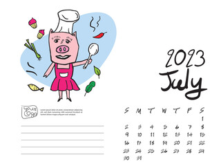 Calendar 2023 design template with Cute Pig vector illustration, July 2023 artwork, Lettering, Desk calendar 2023 layout, planner, wall calendar template, pig cartoon character, holiday event