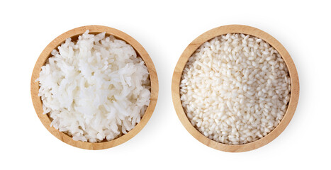 white rice in wood bowl isolated on white background
