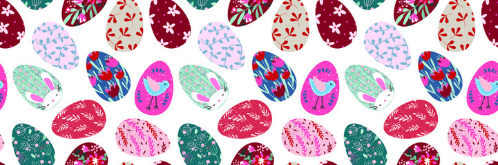Easter rectangular seamless pattern with cute colored eggs. Used for printing on paper, fabric, packaging, wallpaper. Eps10.