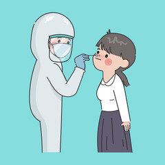 Hand drawn cartoon woman swab covid-19 antigen test kit with a doctor.
