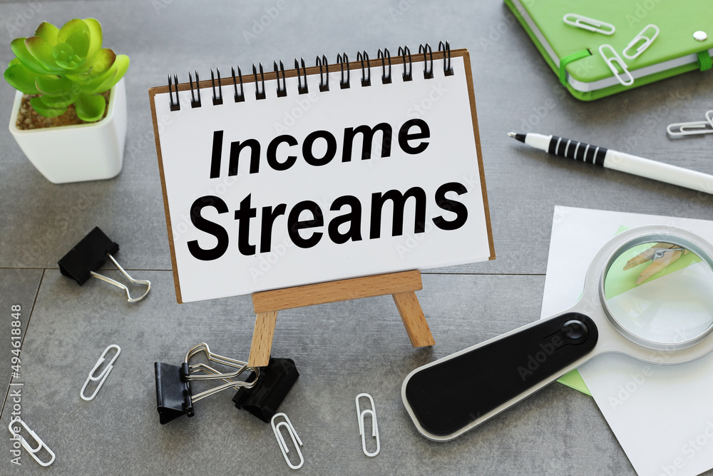 Poster income streams text on a notepad on a stand near a green notepad and glasses