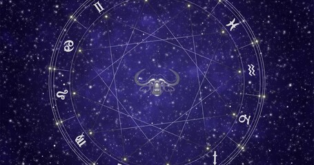 The signs of the zodiac horoscope wheel on dark star sky background animated loop 4k footage - Powered by Adobe