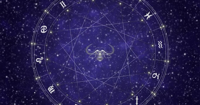 The signs of the zodiac horoscope wheel on dark star sky background animated loop 4k footage