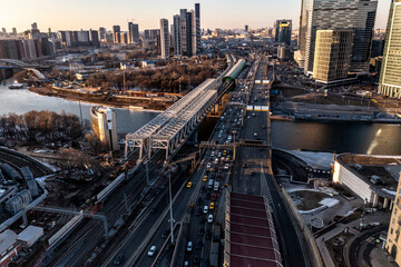 urban industrial landscape in the morning at sunrise shot from a drone 