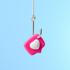 Pin Like with a heart on a hook. Social metaphor, revealing the concept of manipulation of opinion and greed. 3d render - obrazy, fototapety, plakaty