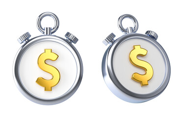 Set Stopwatchs icon with dollar symbol on a white isolated background. Financial metaphor, revealing the concept of cashback and making money. 3d render