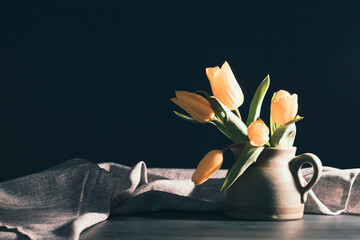 Still life with yellow tulip flower bouquet