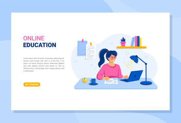 The concept of online education. A student is sitting at a desk and studying on a laptop. Vector illustration.