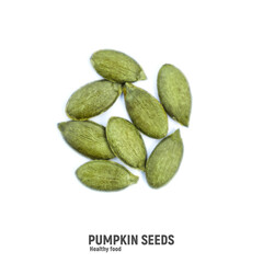 Pile of pumpkin seeds isolated on white background. Organic food, top view.