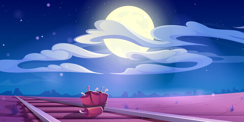 Train sabotage western scene with tnt dynamite lying on railroad at wild west nature landscape with desert under night sky with full moon and clouds. Bandits bomb adversity Cartoon vector illustration - obrazy, fototapety, plakaty