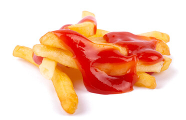 Fototapeta na wymiar french fries potato and ketchup isolated on white background with clipping path