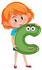 A girl holding alphabet letter on white background