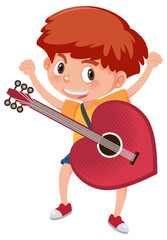 A boy playing his red heart guitar