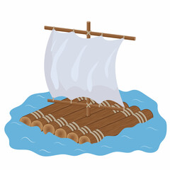 wooden raft with sail, color isolated vector illustration in cartoon style - obrazy, fototapety, plakaty