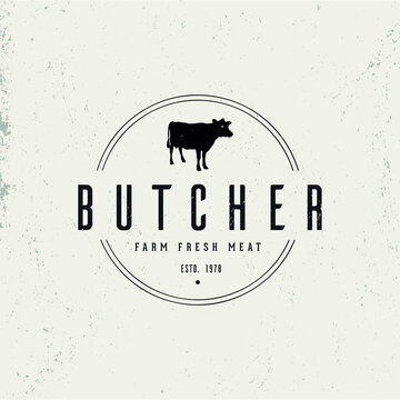 Butchery or meat shop vintage logo template. Farm animal silhouette icon. Vector illustration.