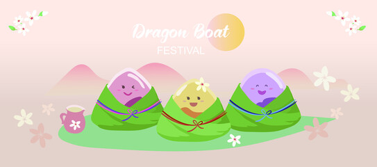 Cute chinese rice dumplings cartoon character. Dragon boat festival illustration.(caption: Dragon Boat festival, 5th day of may)