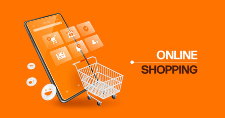 shopping cart and icons that represent online shopping applications floating on smartphone screen and there's a smiley icon floating next to it,vector 3d isolated on orange background for adverting