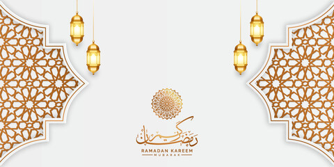 arabic islamic luxury white horizontal ramadan or ramadhan banner with islamic arabic pattern for eid al fitr ramzan mubarak background - obrazy, fototapety, plakaty