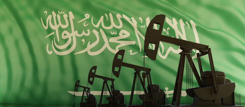 Oil and gas industry in Saudi Arabia. Pumpjack drilling on flag background. 3d render