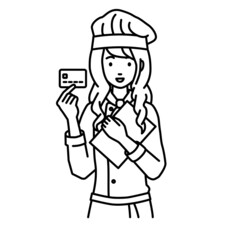 立って書類とカードを手に持つ調理師の女性