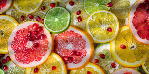citrus slices with pomegranate seeds, top view