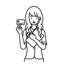 立って書類とカードを手に持つ事務員制服の女性