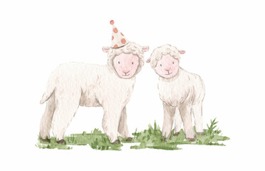 Beautiful stock illustration with cute watercolor hand drawn lambs family. Birthday party.