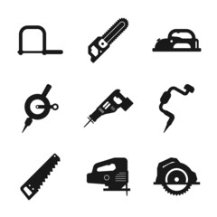 Simple set icon of carpentry tools. Carpenter wood shop. Contains such Icons as chainsaw, chainsaw, mechanical drill, electric drill, wood cutter, and more. Vector icon graphic design template.