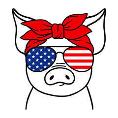 Cute Pig Line Art. Piglet with aviator glasses ang bandana, USA Flag print. 4th of july. Pig sketch vector illustration. Good for posters, t shirts, postcards.