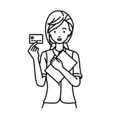 立って書類とカードを手に持つ事務員制服の女性