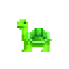 Obraz premium Cartoon green turtle character pixel art flat style icon isolated vector illustration. Element design for stickers, logo, embroidery, mobile app.